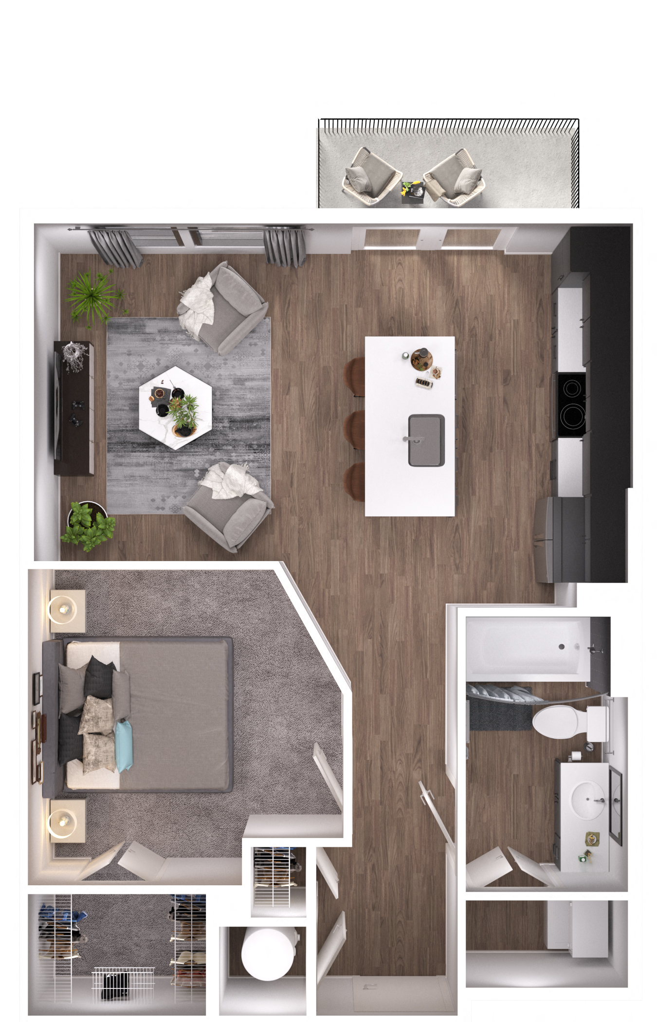 Floor plan for 1 bed, 1 bath, 632 sqft